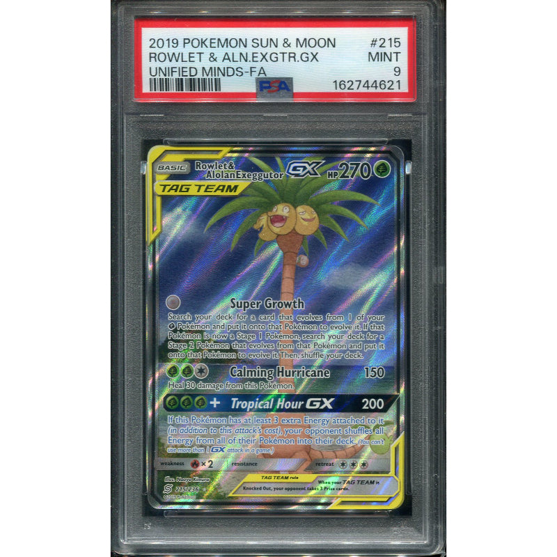 Rowlet & Alolan Exeggutor GX (UNM 215) Unified Minds - PSA 9