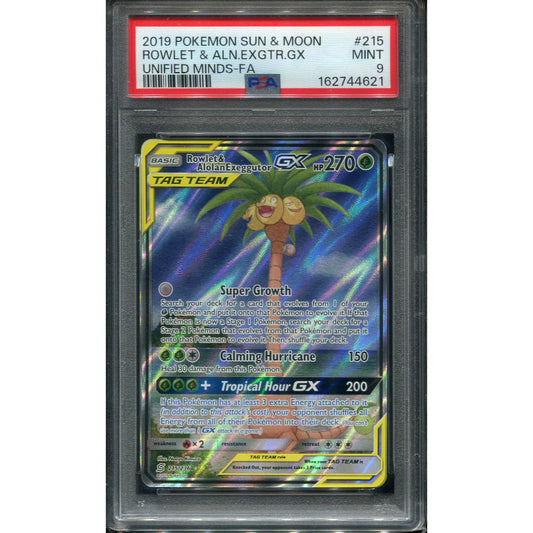 Rowlet & Alolan Exeggutor GX (UNM 215) Unified Minds - PSA 9