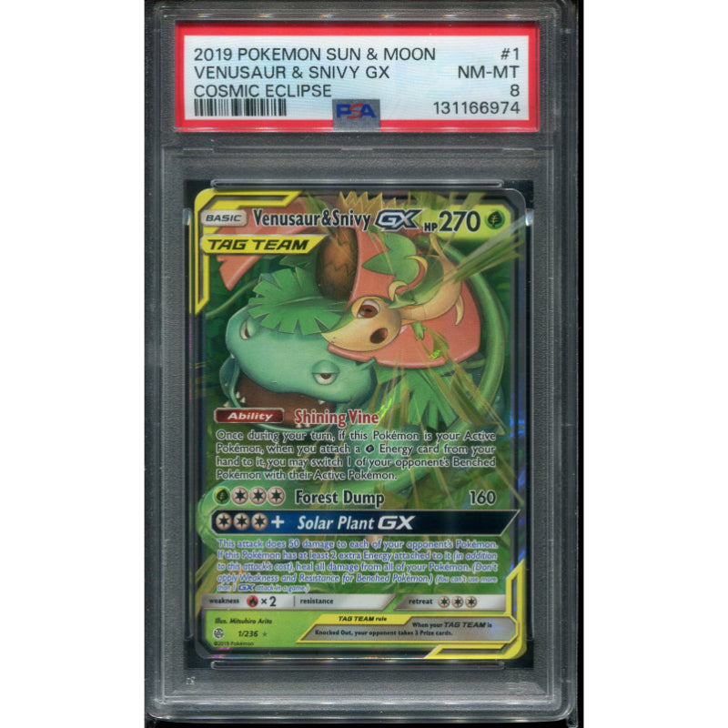 Venusaur & Snivy GX (CEC 1) Cosmic Eclipse - PSA 8