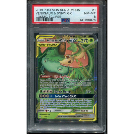 Venusaur & Snivy GX (CEC 1) Cosmic Eclipse - PSA 8
